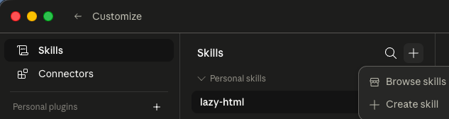 在 Claude 的 Customize → Skills,點右上角的加號,選 Create skill